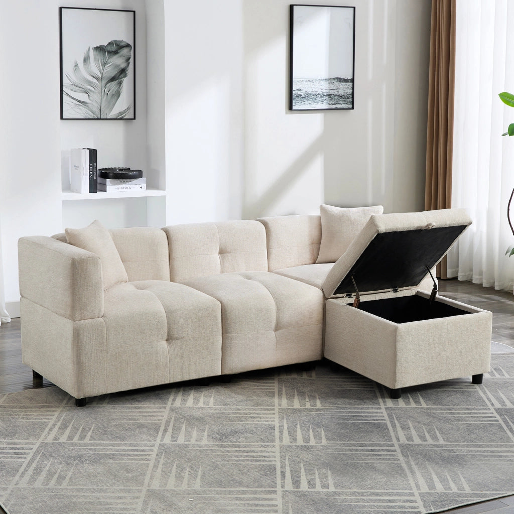 DIVANO MODULARE 3 POSTI 204x126x69 cm Chenille Beige con pouf contenitore e 2 cuscini