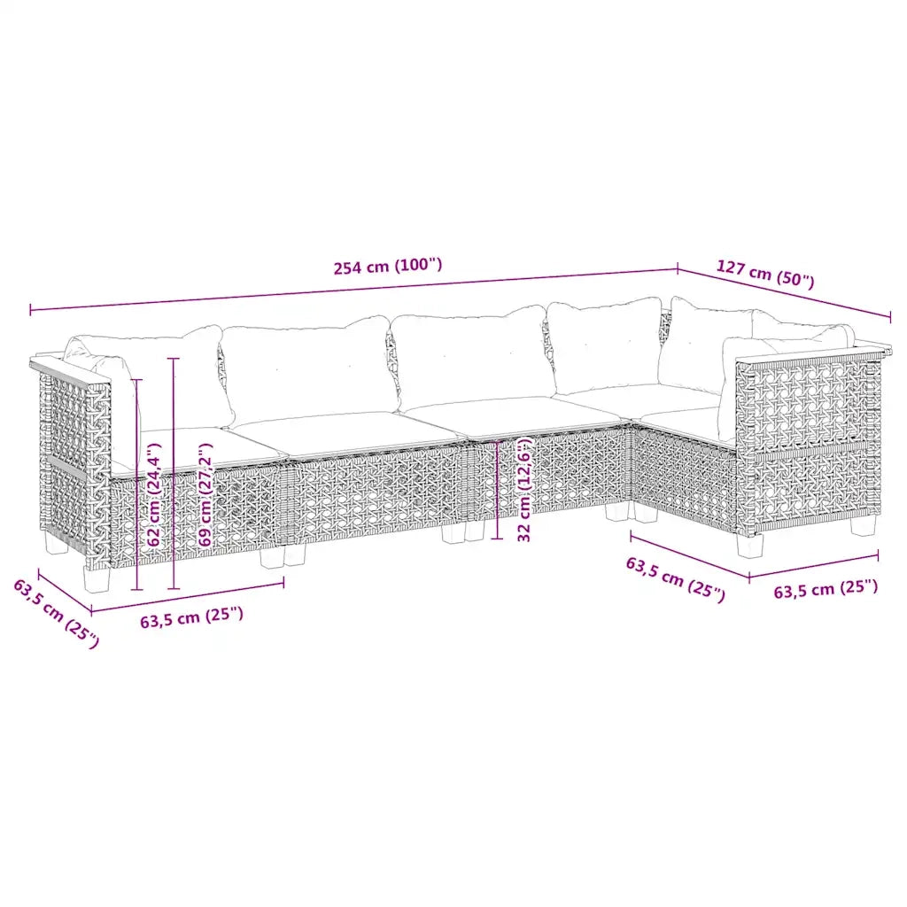 Set Divano da Giardino 5 pz con Cuscini Beige in Polyrattan