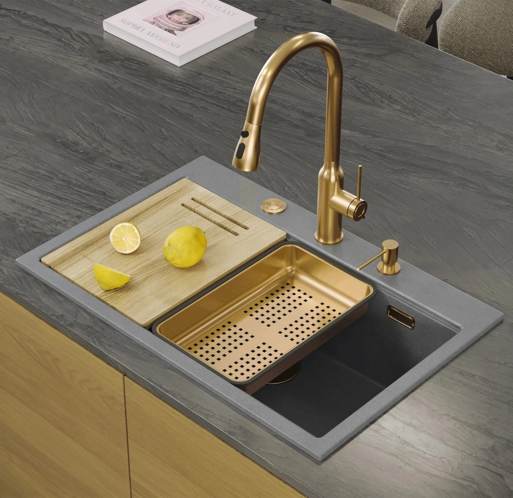 Lavello In Granito Marc 110 Workstation Grey Metallic Tappo rame spazzolato
