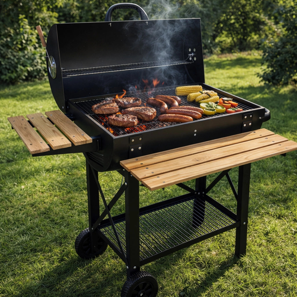 Barbecue A Carbone Con Coperchio E Ripiani Laterali BBQ Grill Da Giardino Con Griglia Rialzata Scaldavivande Struttura In Acciaio Ruote E Cassetto Raccogli Cenere 110 x 70.5 x 101.5 Cm Nero