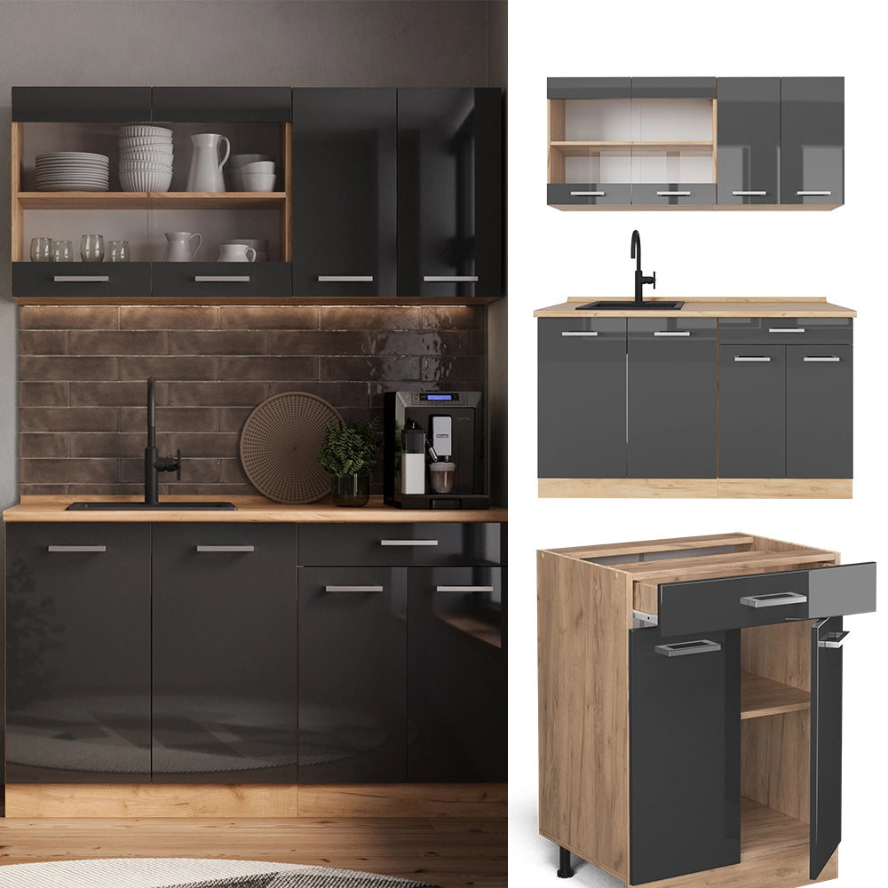 Vicco Cucina monoblocco Antracite lucido/oro power oak 140 cm , PL Antracite