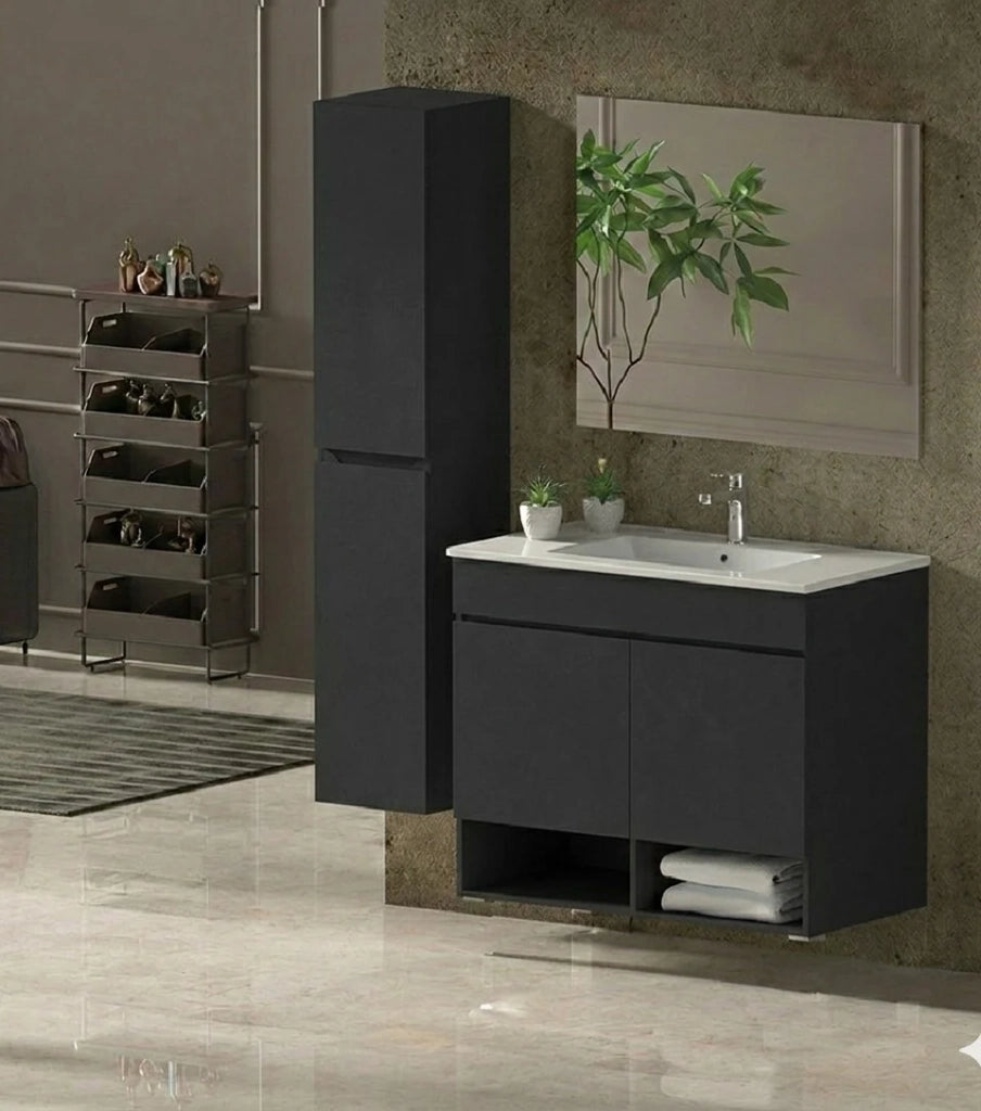 Mobile Bagno NEBARI Già Montato 2 portas, lavabo e specchio Grafite 120x45 cm doppio lavabo con colonna