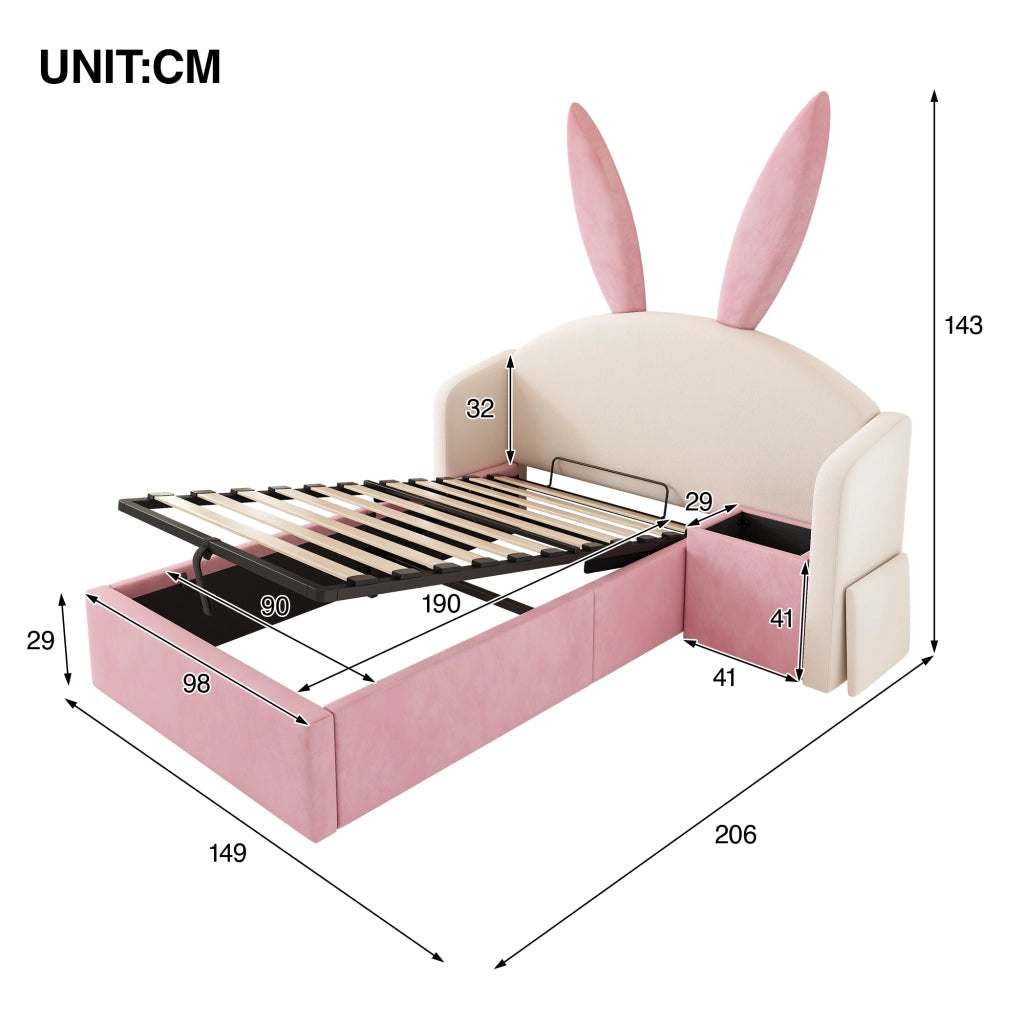 Letto imbottito con vano contenitore 90x190 cm velluto beige-rosa
