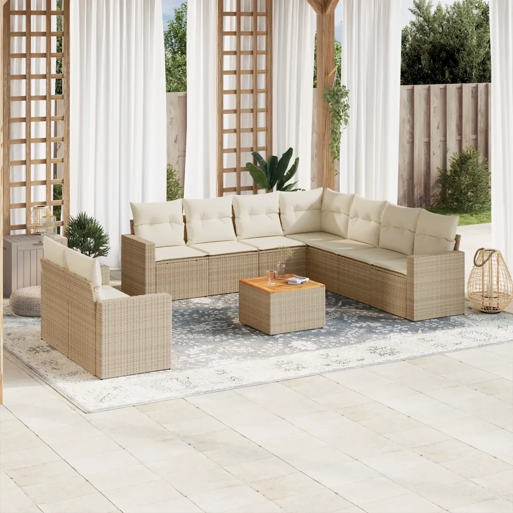 Set Divano da Giardino 10 pz con Cuscini Beige in Polyrattan 3224189