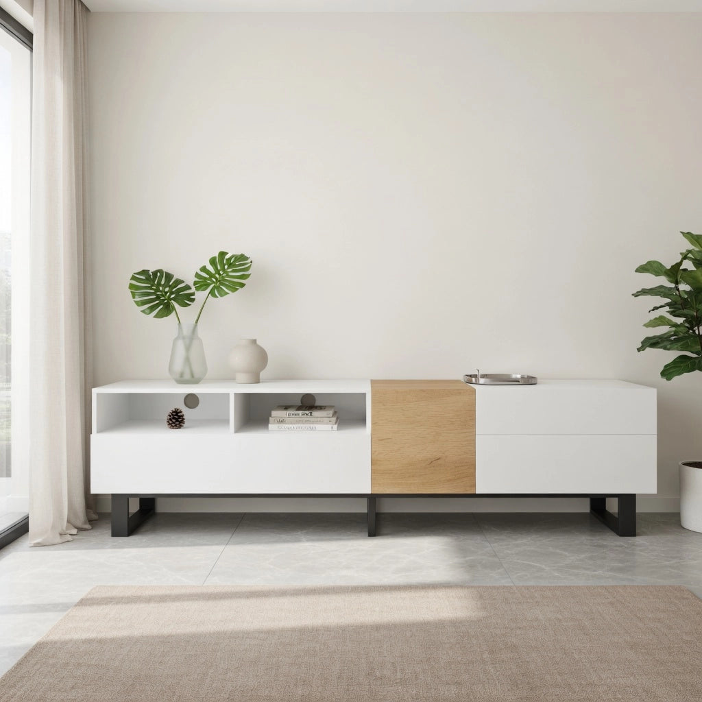 Cassettiera TV bianca e legno; in MDF; lunghezza 180 cm