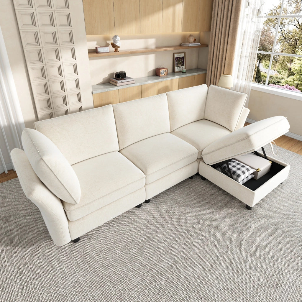 Divano ad angolo modulare 4 posti con pouf contenitore e 2 cuscini, in Chenille, Beige