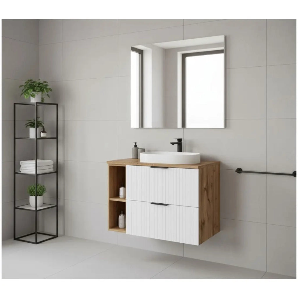 Set bagno NOXERA 80 cm – Mobile sospeso sottolavabo bianco opaco e quercia wotan con top per lavabo e 2 nicchie