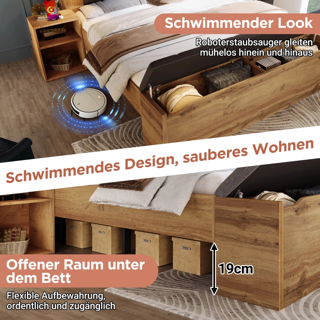 LETTO matrimoniale 160x200 cm legno rovere con lampade USB e comodini