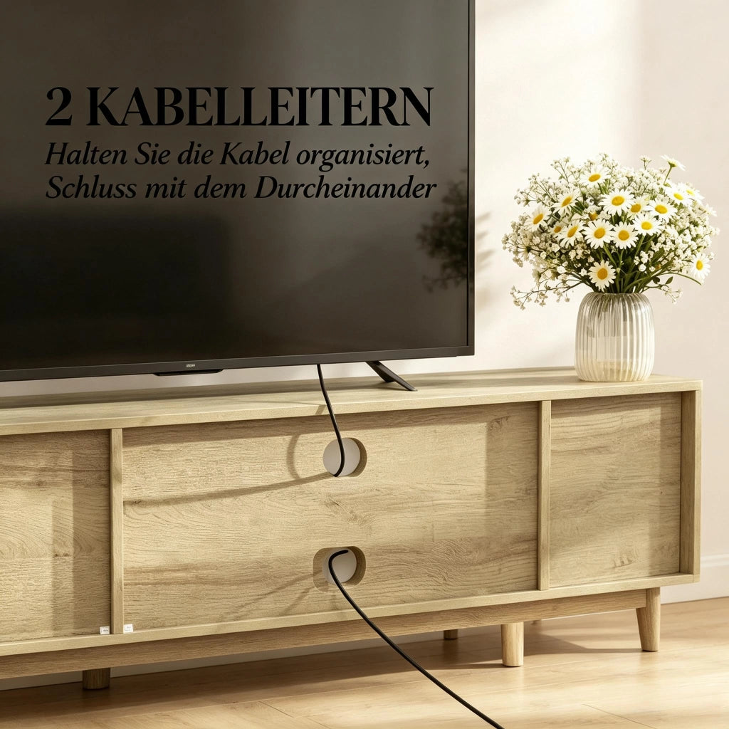 Mobile TV con vani aperti e armadietti; rattan e pannello truciolare color rovere per TV fino a 65 pollici 135 × 39 × 45 cm