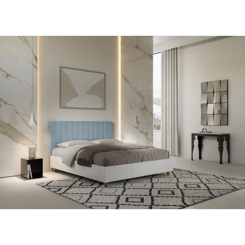 Letto Matrimoniale 160x190 cm struttura bianco frassino testata Kaia - Con rete,Microfibra,Azzurro