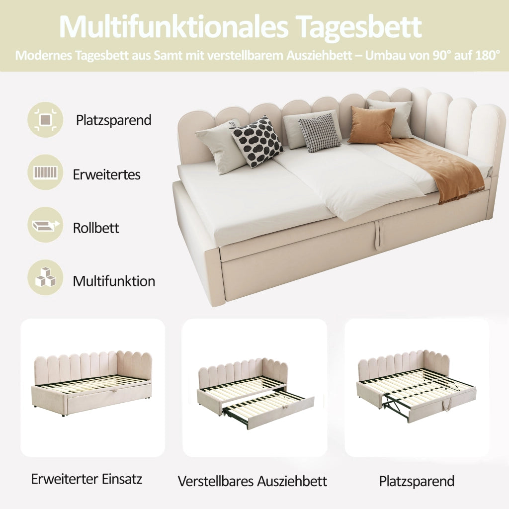 LETTO DIVANO L-Form 90x200 cm Beige in Velluto