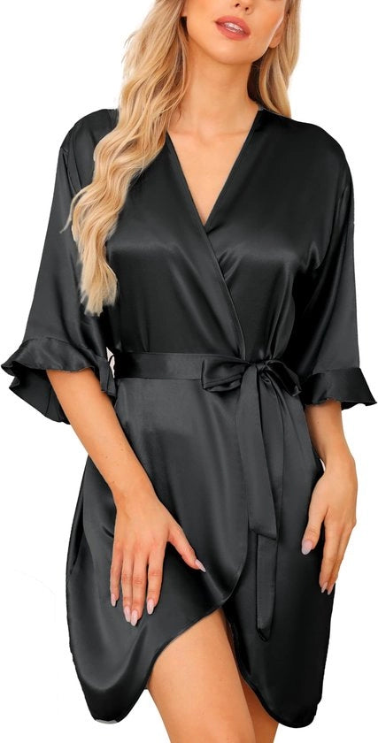 Kimono da Sposa con Cintura e Collo V per Donna in Satin Nero