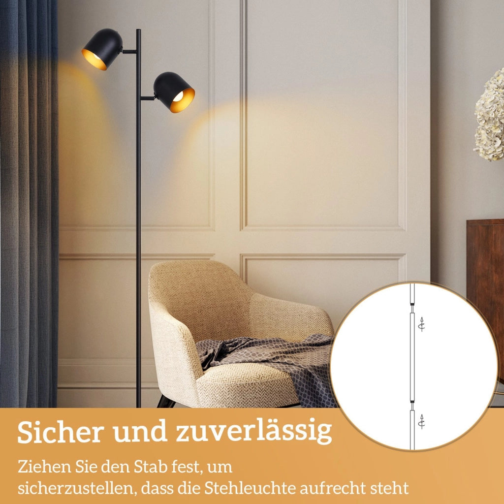 ZMH Lampada da terra nero oro 2 fiamme E14 vintage 145cm