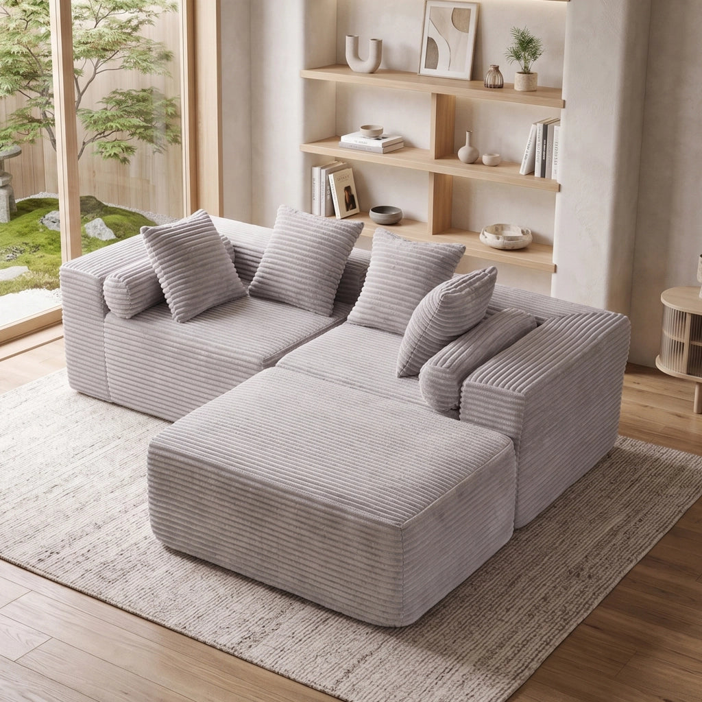 Divano angolare modulare a 3 pezzi con chaise longue grigio in schiuma e molle senza attrezzi per appartamenti