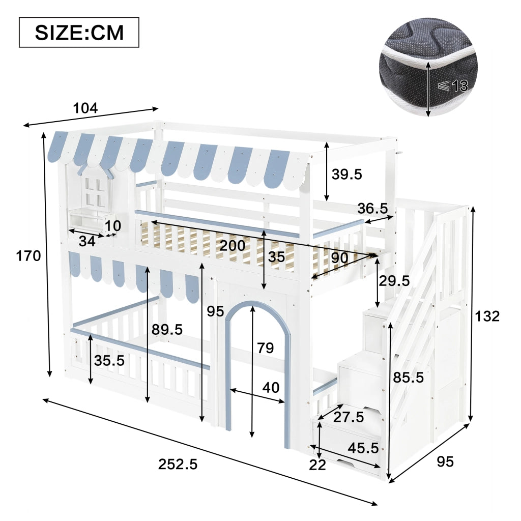LETTO A CASTELLO per bambini 90x200 cm Bianco+Blu con scala contenitore