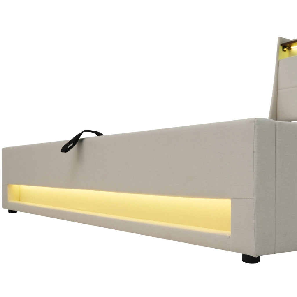 LETTO Imbottito 90x200 cm con LED e USB, tessuto lino beige, senza materasso
