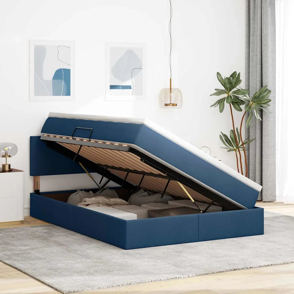 Letto con contenitore e LED con led Blu 140 x 200 cm Tessuto