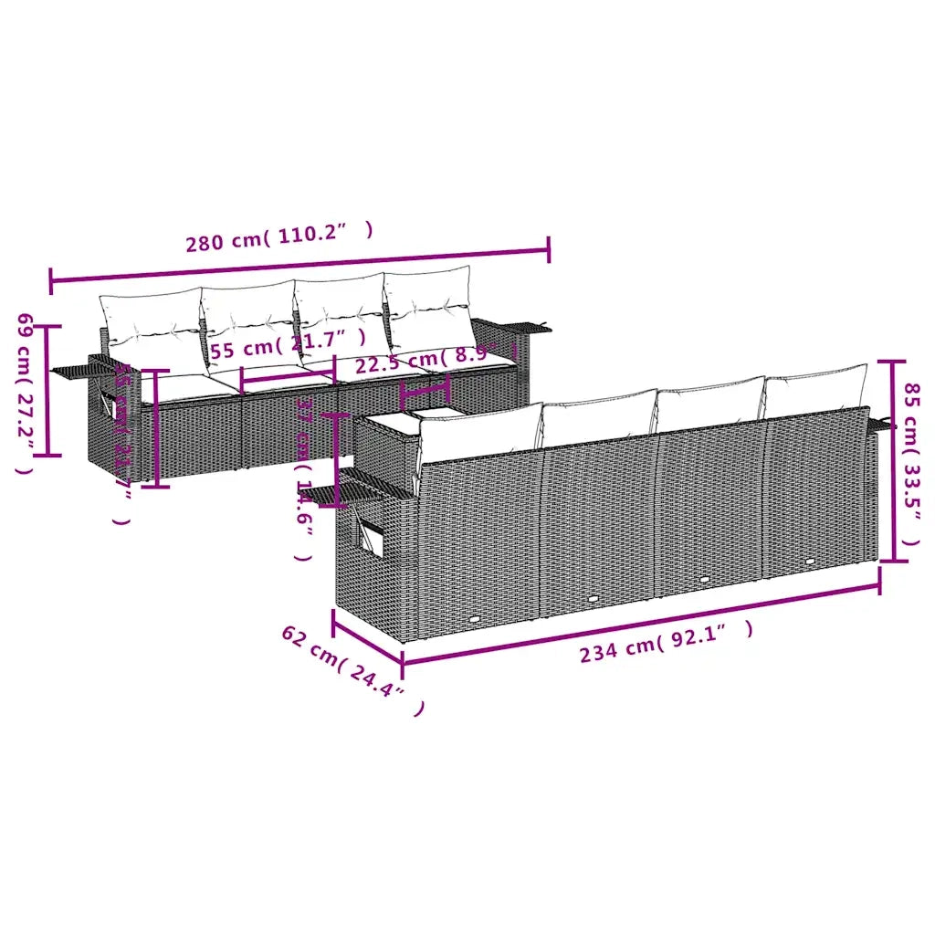 Set Divano da Giardino 9pz con Cuscini Grigio Chiaro Polyrattan 3252289