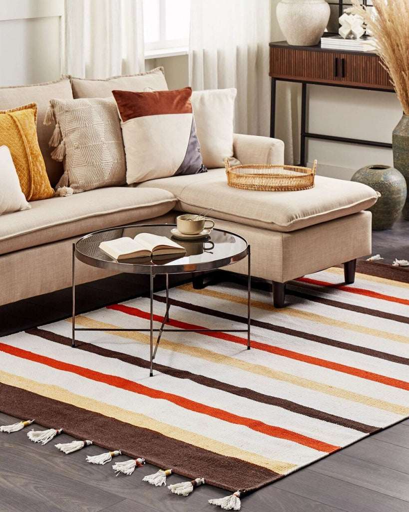 Tappeto marrone e beige strisce cotone 140 x 200 cm rettangolare tessuto a mano
