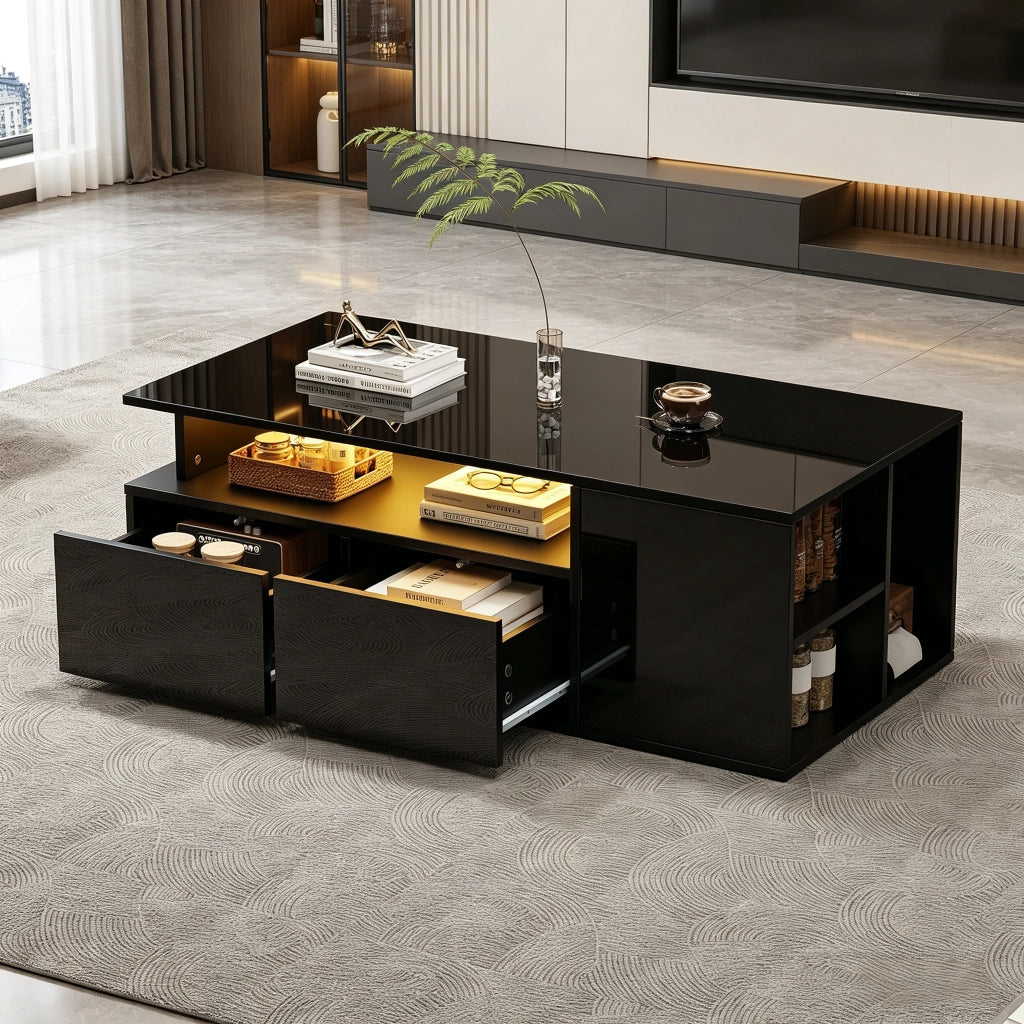 TAVOLO da salotto 100x50x35 cm Nero con LED e 2 cassetti