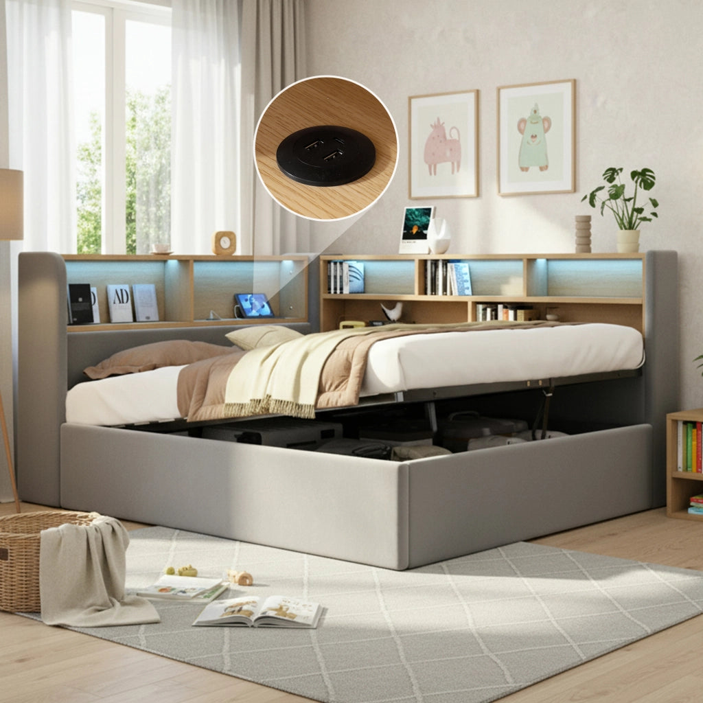 LETTO 140x200 cm con contenitore idraulico, velluto grigio