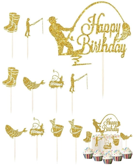 Decorazione per torta in forma di pesce, set di 11 pezzi, accessori per torte DIY, decorazione per festa di compleanno, tortendeko, decorazione per bambini, decorazione per festa di compleanno (oro)