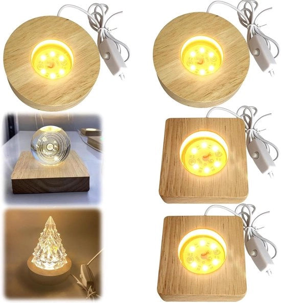 Supporto di Illuminazione in Legno con 4 Pezzi di Display LED per Stand in Legno con Piattaforma per Blocco di Vetro Illuminato Supporto in Legno con Base LED USB per Esposizione di Cristallo, Vetro e Acrilico.