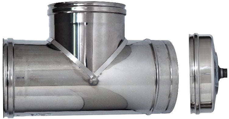 RACCORDO A T INOX AISI 316L PER STUFE + TAPPO Ø cm.10 FEM/FEM/MAS