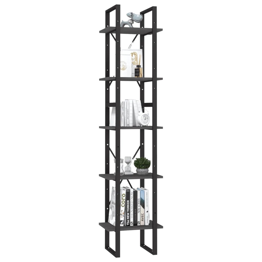 Libreria a 5 Ripiani-Scaffale per Libri-Mobile di Stoccaggio Grigia 40x30x175 cm in Legno di Pino