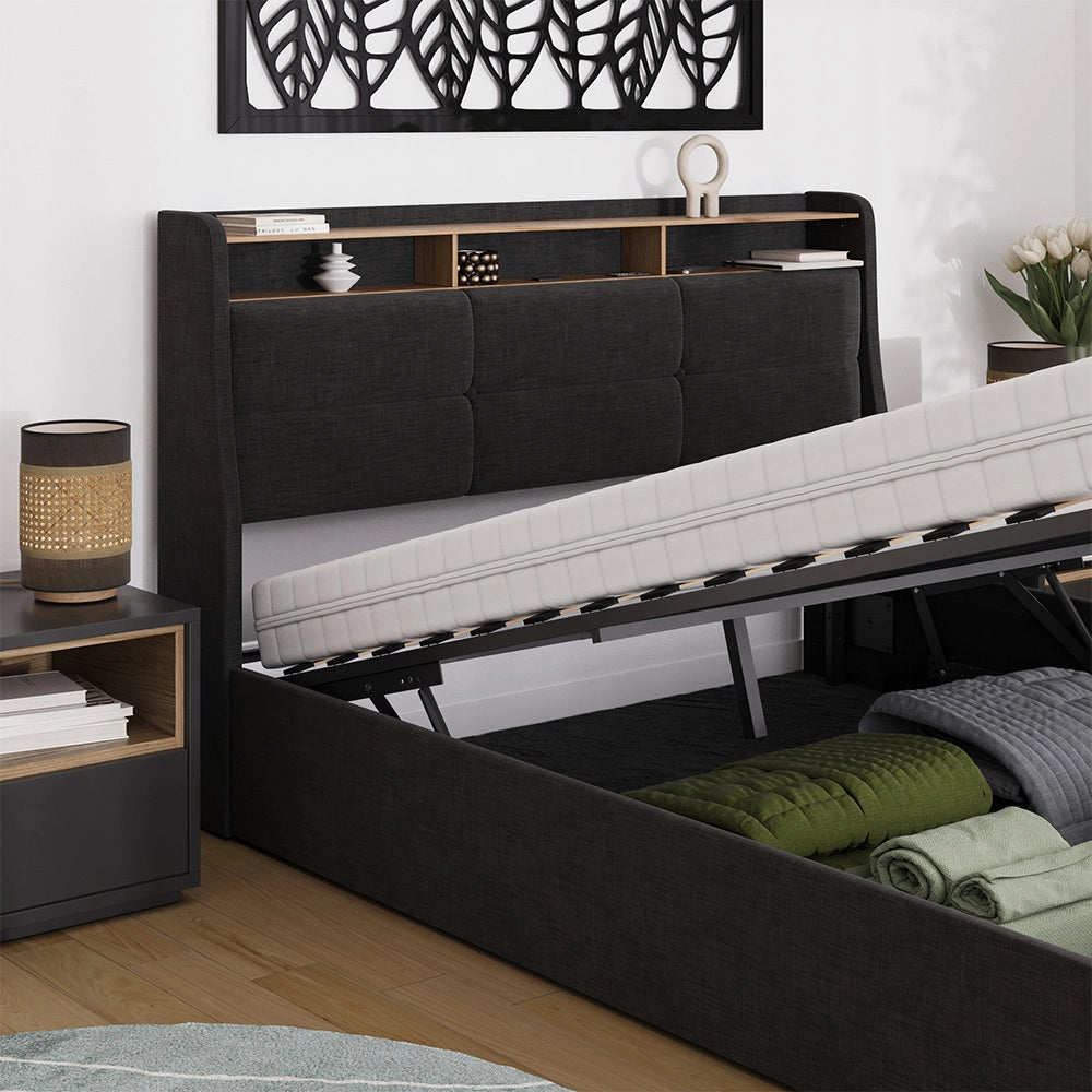 Vitalispa Letto imbottito Antracite/quercia 160x200 con LED e porta USB