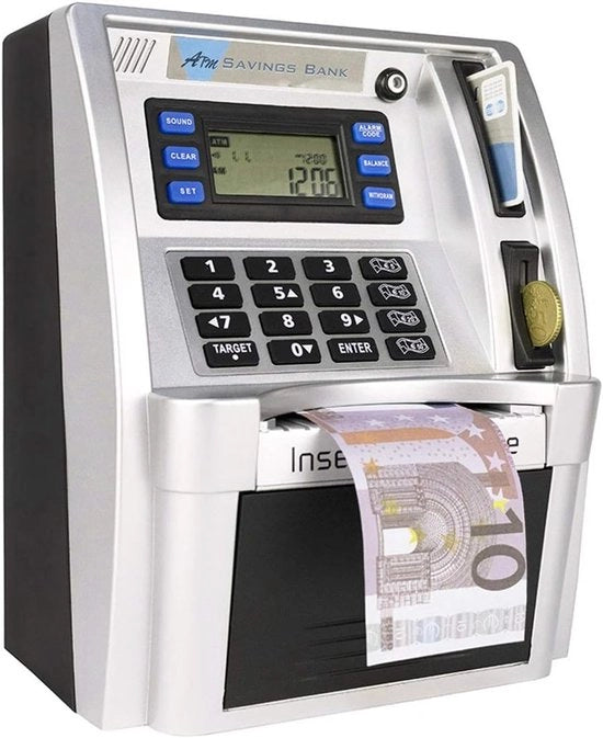 Cassa di risparmio per bambini - macchina di deposito educativa con password e carta di pagamento, nera