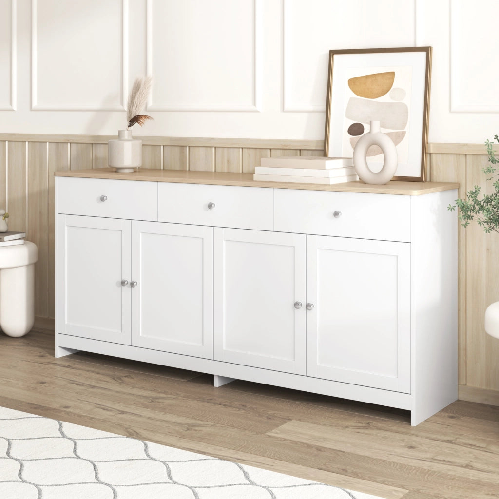 SIDEBOARD 160 cm con 3 cassetti, 4 ante, bianco e legno