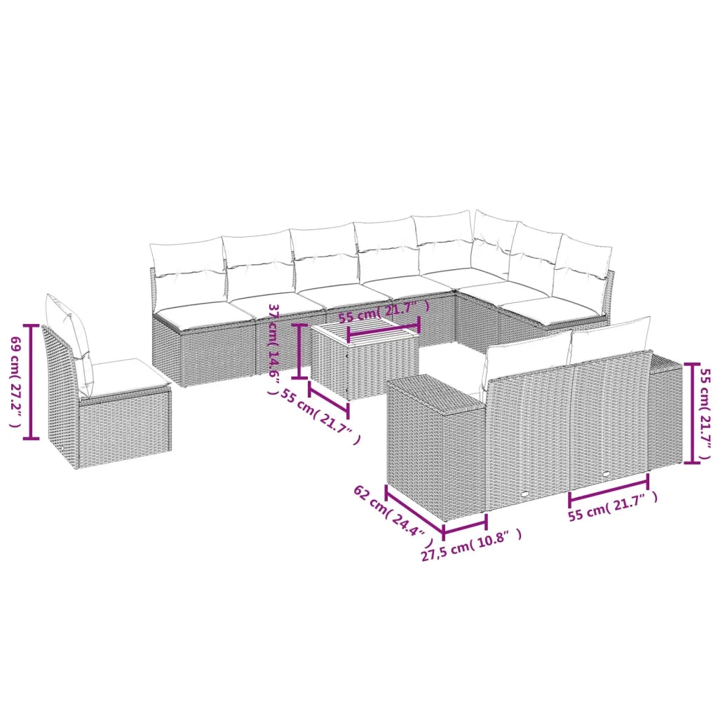 Set Divani da Giardino 11 pz con Cuscini in Polyrattan Nero 3225496