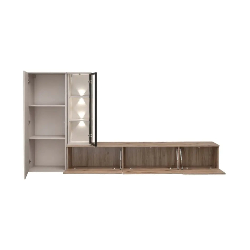 Composizione murale CALIRE – Mobile TV e contenitori sospesi – Quercia Vicking e Cashmere