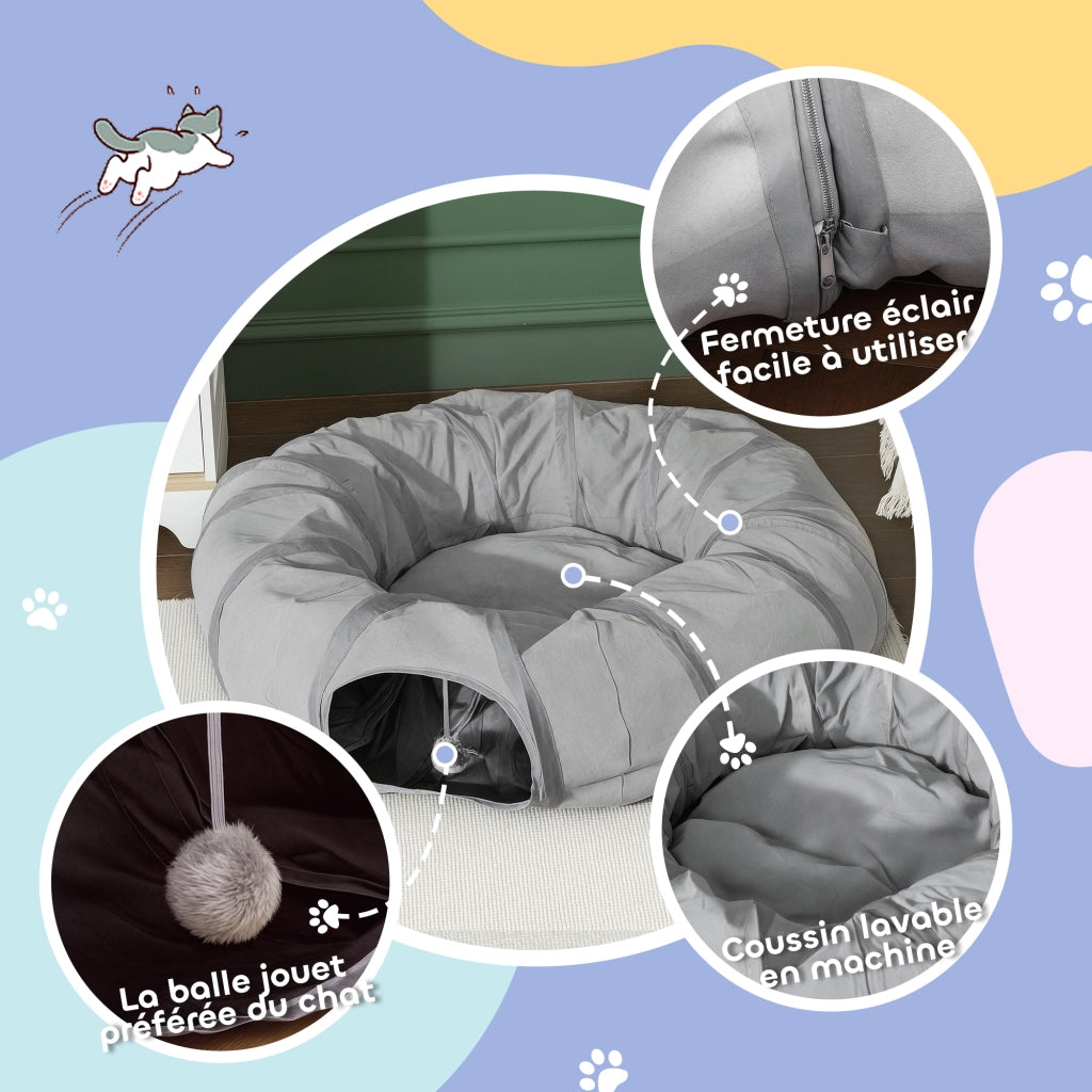 Tunnel per gatti con letto e cuscino ¨C Minimal ¨C grigio ?90x27cm