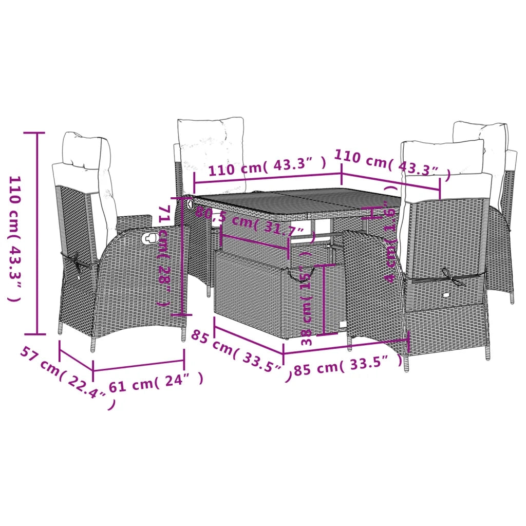 Set da Pranzo da Giardino 5 pz Nero con Cuscini in Polyrattan 3277449