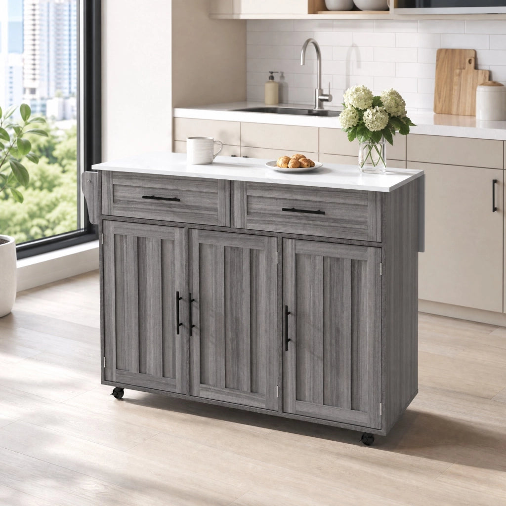 Carrello cucina con piano allungabile 129x46/71x91,5/95 cm, MDF grigio e bianco, con ruote e ripiani regolabili