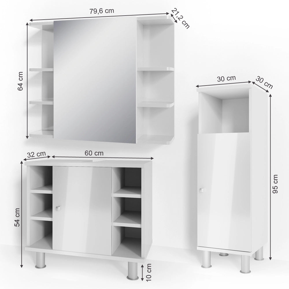Vicco Set mobili bagno Bianco lucido 3 parti, con mobile midi