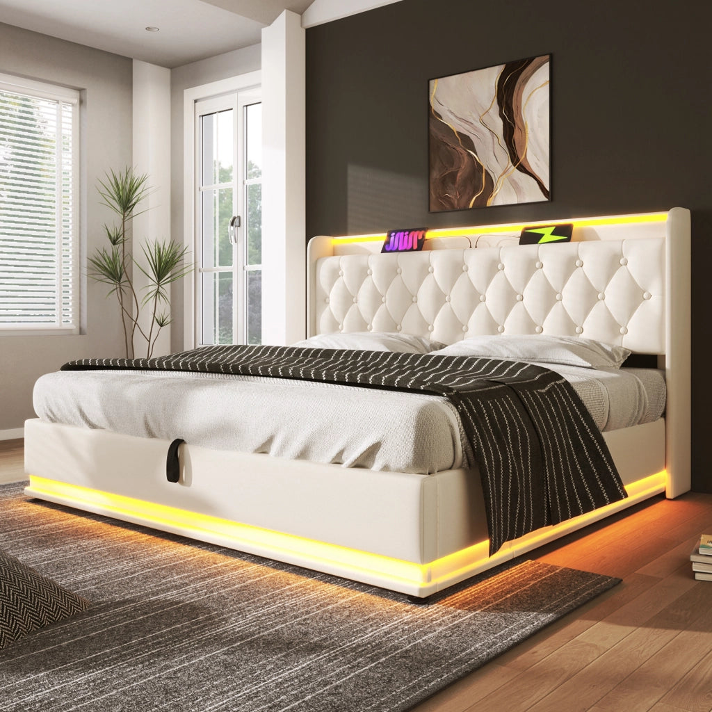 LETTO Contenitore con LED e USB Tipo-C 160x200 cm PU Bianco