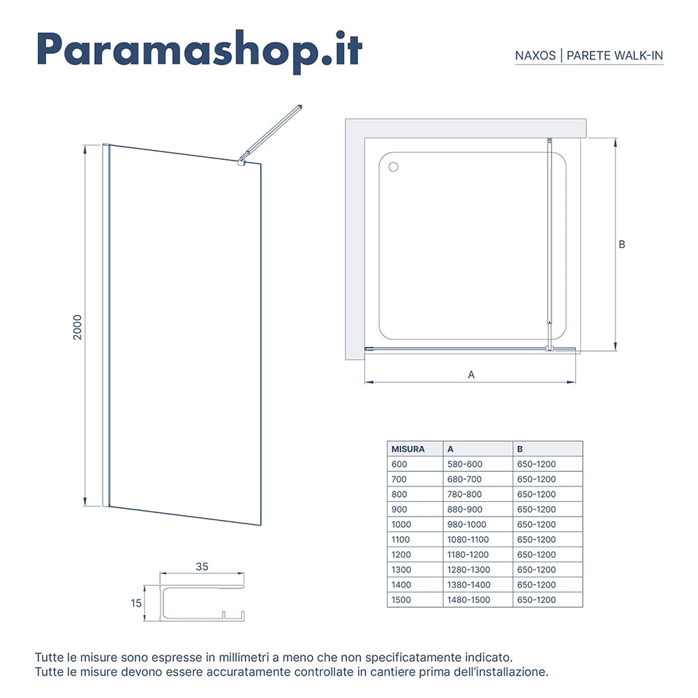 Doccia walk-in 120cm vetro temperato anticalcare 10mm fumé profili neri | Naxos