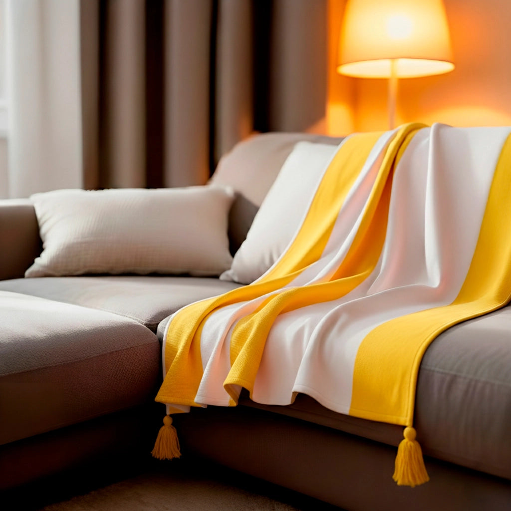 100% cotone plaid giallo con pompons 130x170cm SLAVANN