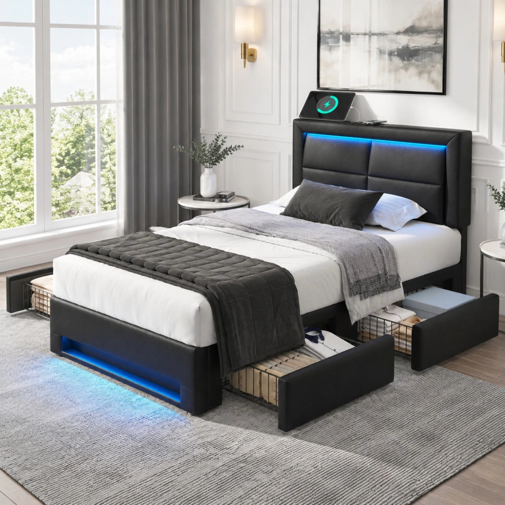 LETTO Imbottito 90x190 cm PU Nero con USB, LED e 4 cassetti