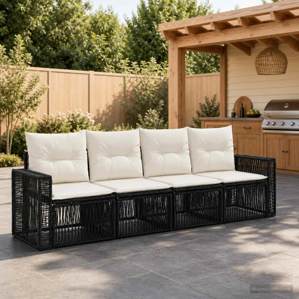 Set Divano da Giardino 4 pz Nero e Bianco Crema polyrattan 3435046