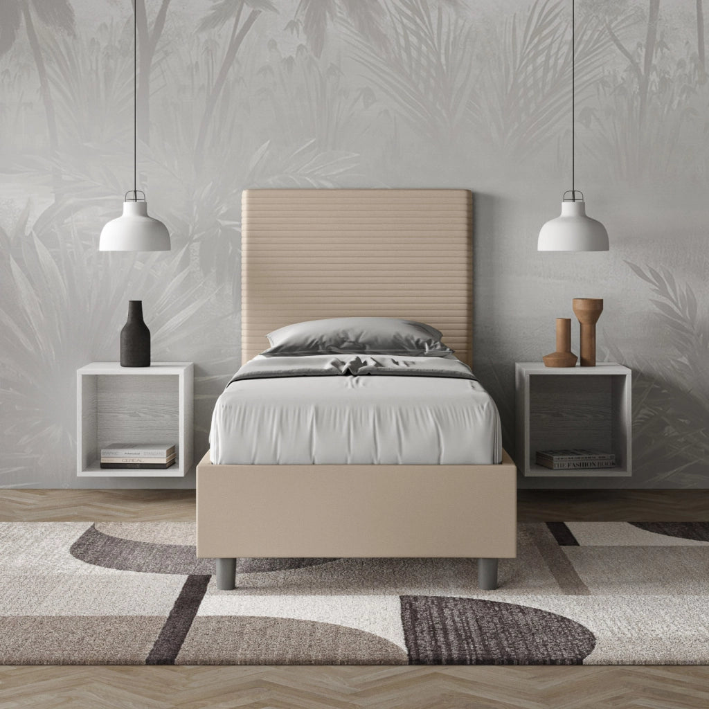 BS COM Letto singolo con rete imbottito 90x210 similpelle tortora