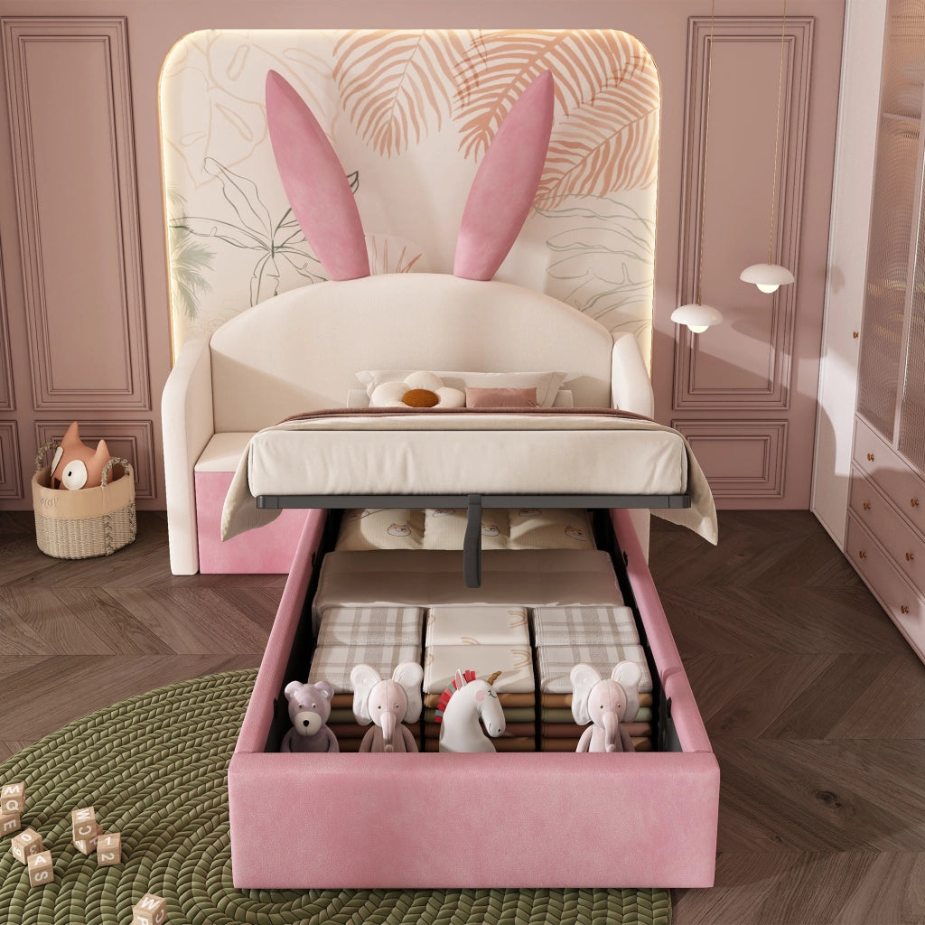 LETTO 90x200 cm in velluto beige e rosa con comodino laterale