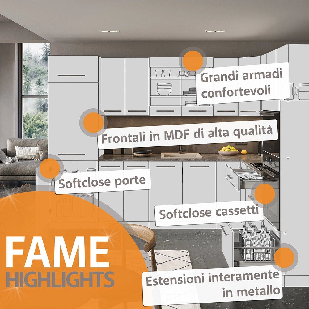 Cucina componibile Fame-Line Bianco rustico/Antracite 300 cm con armadio alto, senza piano di lavoro Vicco