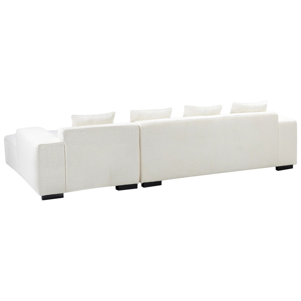 Divano angolare a L con cuscini 4 posti in tessuto bouclè bianco con ottomana versione a sinistra stile elegante moderno
