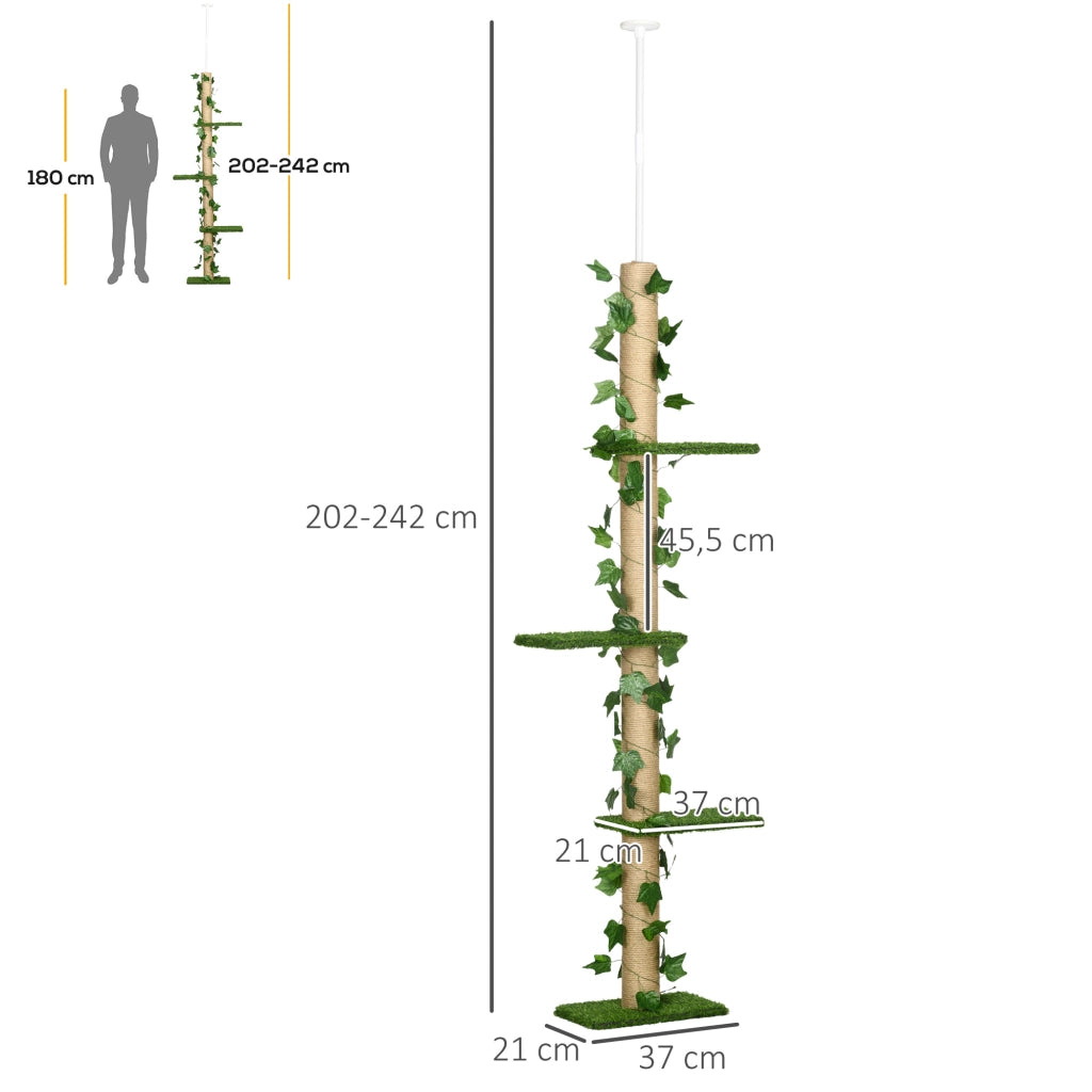 Albero tiragraffi da soffitto regolabile 202-242 cm con tiragraffi in juta e kit antiscivolo, verde