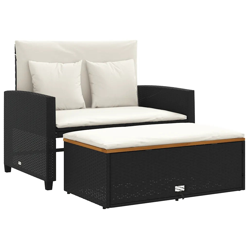 Divano Giardino con Cuscini 2 Posti-Sofa da Giardino-Divanetto da esterno Nero Polyrattan e Acacia