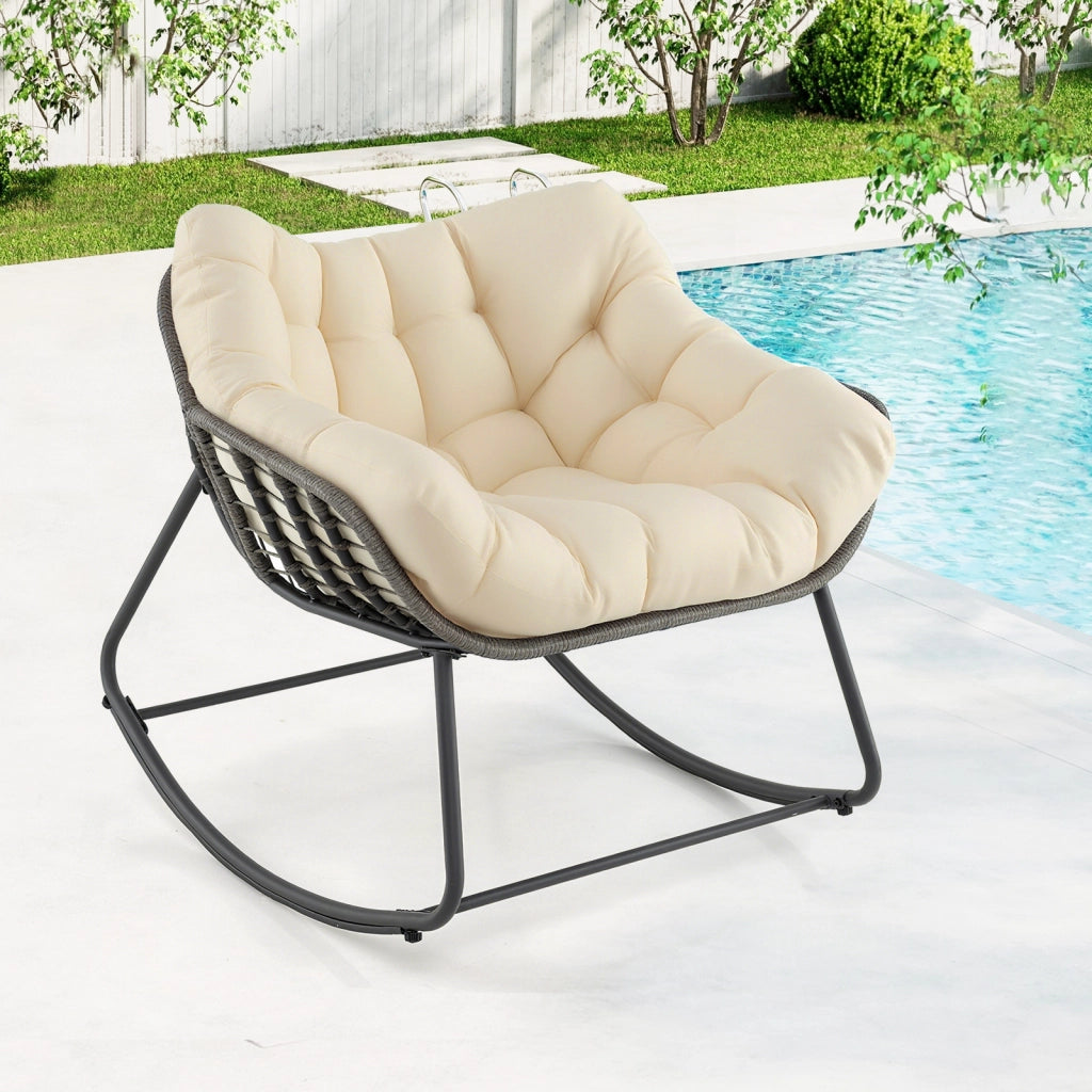 Sedia per relax in rattan per interno con struttura in metallo robusto, Sedia a dondolo da esterno Beige